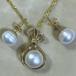 14K Yellow Gold Filled Natural White South Sea Pearl Pendant Necklace Earring